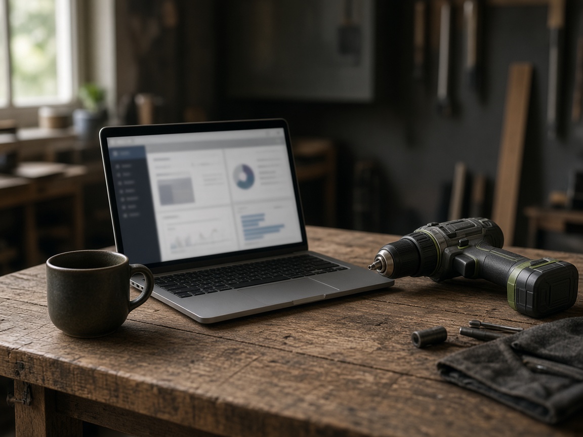 Laptop and tools on a workshop bench